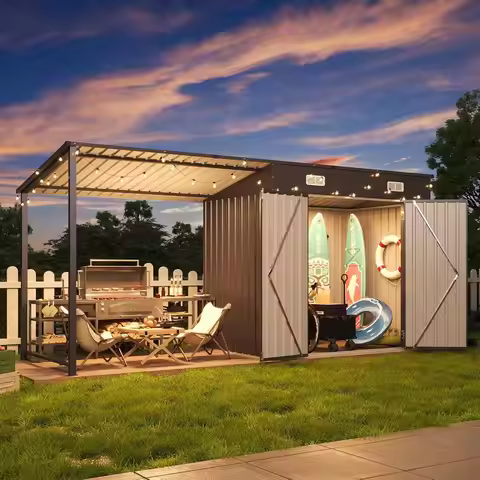 6x4FT Outdoor Storage Shed Hardtop Gazebo Combo 12x4FT Metal Lean-to Tool Shed Open-sided Pergola Pa