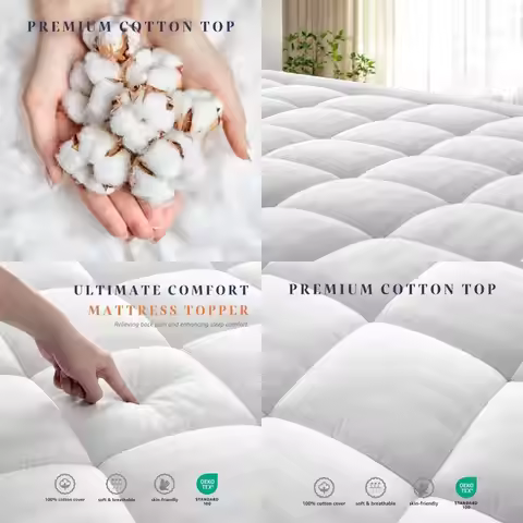 King Size Breathable Pillow Top Mattress Topper for Back Pain Relief - 8-22 Extra Thick Cotton Pad w