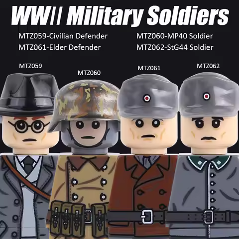 MOC WW2 Military Soldier Figures Building Blocks Army Civilian Elder Defender Helmet StG44 MP40 Gun 