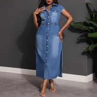 Plus Size Fitted Denim Long Dress, Casual, Blue Women Maxi Dresses Summer Outfits For Women Vacation