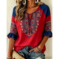 Women T-Shirts Three-Quarter Bell Sleeve T-Shirt Cotton And Linen Shirt V Neck Shirt For Womens Tops