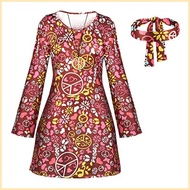 ❈ ◩ ⭐ [ER] 1970s Vintage Dress Women Retro Dress 70s Disco Party Costume Set with Headband Colorful