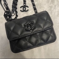 罕！99新！CHANEL So Black 黑金荔枝紋牛皮腰包 / 斜孭小廢包