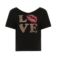European And American Personalized Street Style Womens T-Shirt Oblique Shoulder Big Neckline Leopard