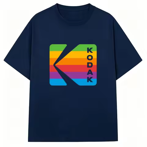 Kodak Rainbow Stripe Vertical Letter K Logo T-Shirt Retro Brand Graphic Tee Navy Blue Cotton Crewnec