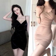 D0801-Korean Version Ladies Sexy Hip Dress Hot Girl V-Neck Sling Dress Short Irregular Skinny Dress 