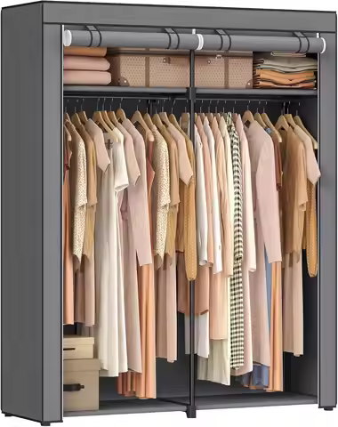 Portable Closet Wardrobe with Non-Woven Cover, 2 Rods and Shelves for Bedroom Storage, Gray, 55.1x16