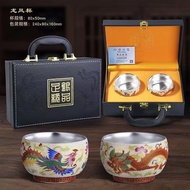 T5FO 999 Silver Tea Cup Gilt Silver Dragon Phoenix Tea Cup Silver Bowl Ceramic Master Cup Painted Cr