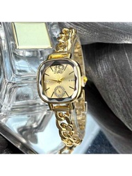 新款豪華鑽石鑲嵌金色方錶，女士空心手鐲石英錶，女性禮物