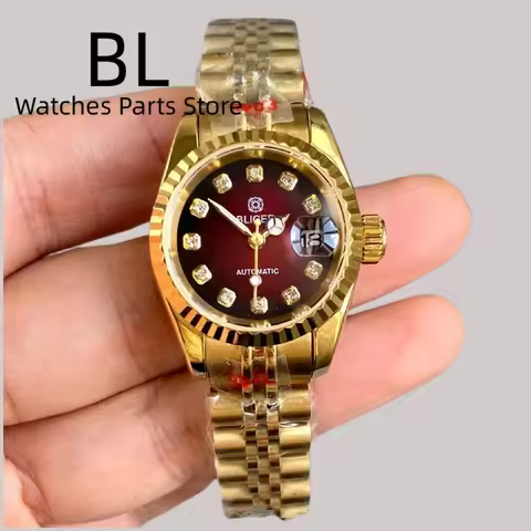 BLIGER 26mm NH05 Mechanical Lady's Watch Silver Rose Gold Strap Fluted Bezel Sapphire Glass Black Di