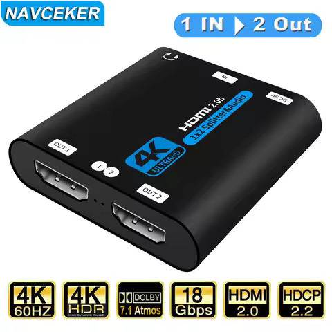 Navceker HDMI Splitter 1x2 1080P 4K HDMI Splitter 1 in 2 out 2 Port HDMI Amplifier HDMI Cable Splitt