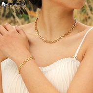 QUENNA Chunky Gold Plated Link Necklace Bracelet For Women Steel Oval Thick Chain Choker Minimalist 