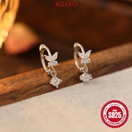 AGIAO S925 Silver Butterfly Earrings Small Flash Diamond Cute 8mm Ear Buckle for Women