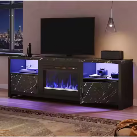 70 in. Black Marble LED TV Stand Fits TV's Up to 75 in. Entertainment Center with Fireplace and Cabi