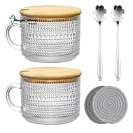 Vintage Coffee Glass Mugs Set of 2, Glass Coffee Tea Cups with Bamboo Lids, Coaster and Spoons,15Oz 