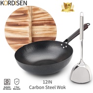 【AOWO】Same Day Shipment | High Quality Pre-Seasoned Wok / Carbon Steel wok /Cooking Pan/ Pre-Seasoned Wok with Wood Handle /Kuali Besi /Kuali Gore With Lid And Spatula