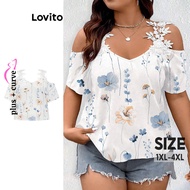Lovito Plus Size Curve Ditsy Floral Cold Shoulder Summer Blouse for Women LBL18610
