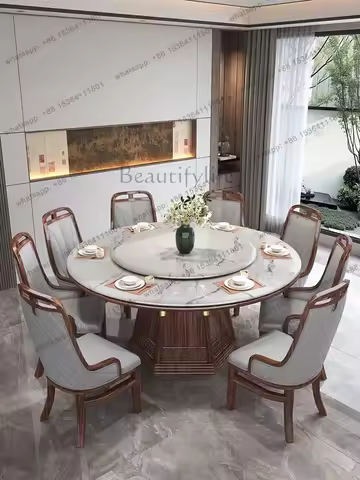 yj21 New Chinese Ebony Marble Solid Wood Dining Table Light Luxury Home Villa Restaurant Round Table