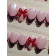 Red French Tips with Red Bow handmade press-on nails
