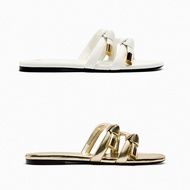 Zara2023 Summer New Style TRF Women's Shoes White Quilted Drawstring Flat Sandals Flat Heel Outer Wear Golden Beach Slippers