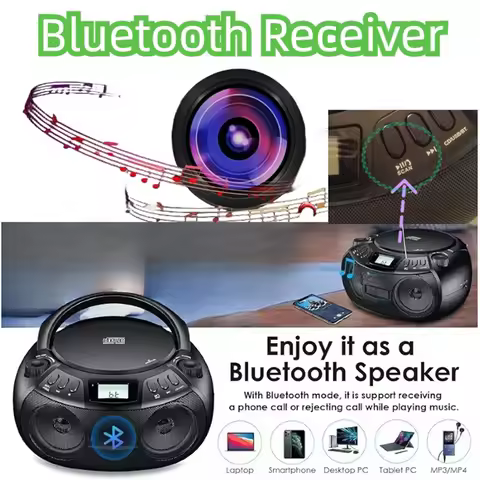 JABS-CD Player Multifunction Portable Bluetooth CD Player Radio Dual Speaker Stereo Audio Input USB 