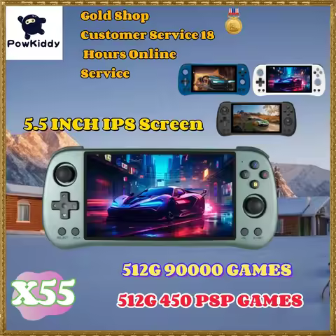 POWKIDDY X55 5.5 INCH Handheld Portable Video Game Consoles EE Linux System TV HD Retro Player 512G 
