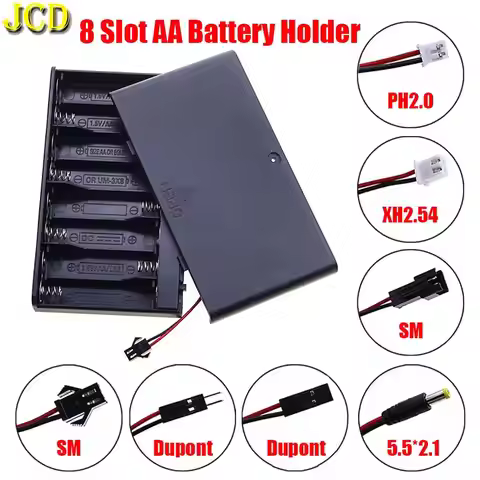 JCD 8 Slot AA Battery Holder With DC 5.5*2.1 PH2.0 XH2.54 SM Dupont Terminal Leadwire Battery Storag