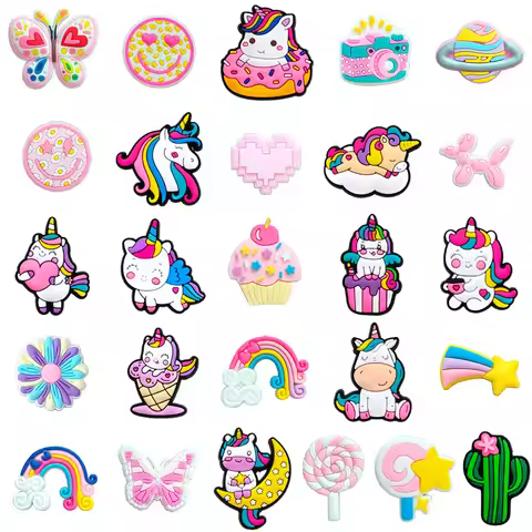 Unicorn Cartoon Cute Pink Cake Candy Rainbow Shoe Charms for Clogs Sandals Decoration Shoe Buckle fo