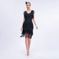 Women's 1920s Gatsby Dress Long Fringe Vintage Sequin Art Deco Cocktail Flapper Dress with Sleeves