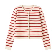 Women Sweater Cardigan Round Neck Long Sleeve Contrasting Striped Print Knitting Coat with Single-Br