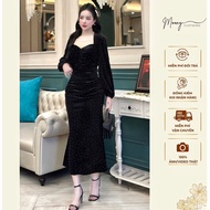 Party Bodycon Dress with Puff Sleeves Round Neck and Pearl Fishtail Maxi Dress Made of Stone Pressed