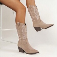 Fall/Winter 2025 New Velvet Pointed Toe Chunky Heel Western-Style Mid-Calf Boots,Cowboy Boots,Cowgir