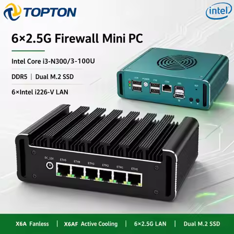 Topton 6x2.5G LAN Metal Firewall Mini PC Intel i3 N300 3 100U N100 i226-V DDR5 2xNVMe 2.5''SATA ESXi
