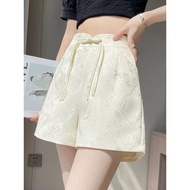 【现货速发】新中式提花冰丝缎面休闲短裤女夏季薄款盘扣高腰显瘦A字阔腿热裤7.27ddk 【In-stock for quick delivery】New Chinese-style jacquard 