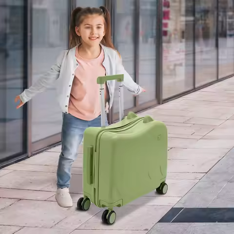 8" Kids Ride-On Suitcase 3-layer Olive Green Children's Luggage Case 37L Rolling Luggage With Lock S