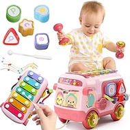 Baby Montessori Toy Bus 5-in-1 Multifunctional Baby Activity Bus with Xylophone, Shape Sorter, Slide