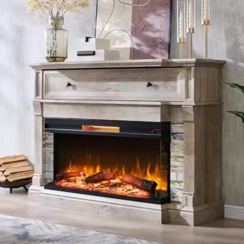 3-Sided Glass Fireplace TV Stand for TVs up to 65 inches with 52-inch Electric Fireplace and Mantel 