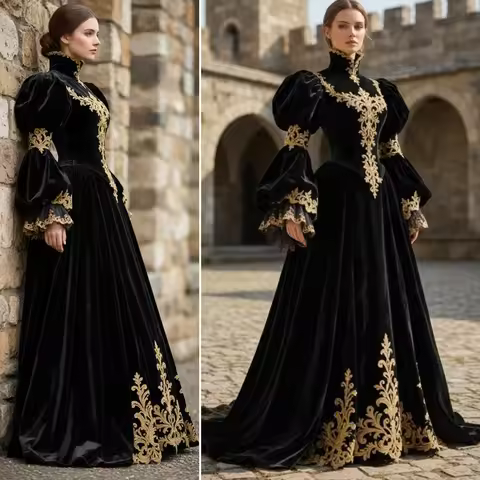 Black Gothic Velvet Renaissance Tudor Queen Costume Gold Lace Lantern Sleeve Medieval Royal Princess