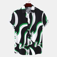 2023 New Men's Boho Black Striped Printed Casual Fishion Short Sleeve Floral Shirt Button Up Plus Si