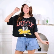 T-Shirt Duck Cartoon CropWanita Oversized Crop T-Shirt/ Duck FaceWanita - Black