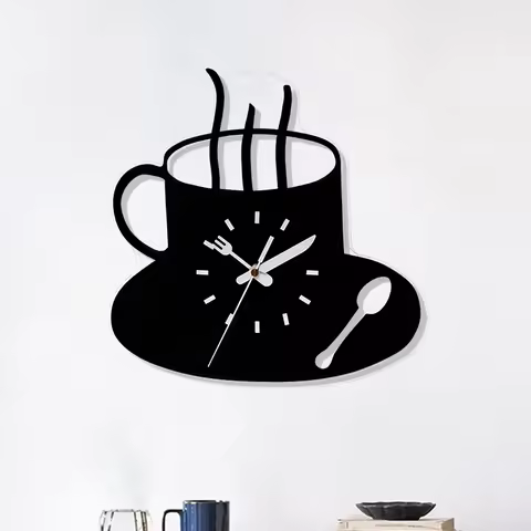 Coffee cup clock, kitchen clock, 3D modern acrylic clock, home decoration, frameless design, silent 