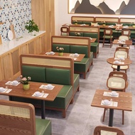 Vintage solid wood table and chair combination catering shop cafeteria custom rattan card seat bakin