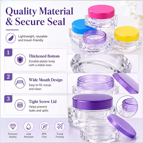 5-50pcs Empty Small Cosmetic Jars 2g 3g, Clear Plastic Pots with Colorful Screw Lids, for Lip Balm, 