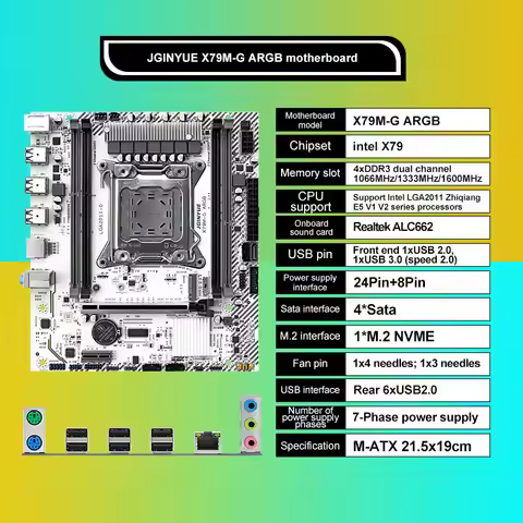 JGINYUE X79 ARGB LGA 2011 M-ATX Mainboard Support Intel Xeon E5 v1 v2 DDR3 Memory 1600MHz 32GB M.2 N