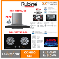 [FOR KLANG VALLEY ONLY] RUBINE RCH-THORA-SS CHIMNEY COOKER HOOD 1500M3/HR AUTO CLEANING ( H²MELTZ TECHNOLOGY ) + RUBINE BUILT IN GAS HOB 2 BURNER VORTEX FLAME BURNER RGH-VISTA2B-BL 5.0 KW