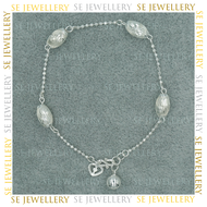 925 Sterling Silver Perak Tulin SE JEWELLERY Bracelet 6.0MM Beads Oval Moon Cuts + 1.5MM Ball Chain 