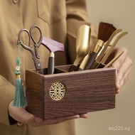 Large Capacity Solid Wood Study Tea Ceremony Storage Tube Pen Holder Chinese Style Office Walnut Woo