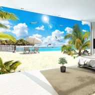 Custom 3D Photo Wallpaper Blue Sky White Clouds Sandy Beach Coconut Tree Seascape Living Room Bedroo
