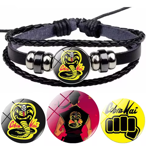 Animation Cobra Kai Leather Bracelet Karate Movie Glass Snap Buckle Jewelry Multilayer Retro Handwov