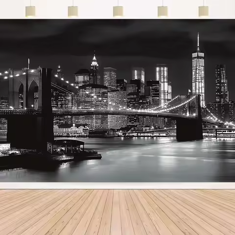 2D flat, New York City skyline and bridge photo background - New York-themed wall decoration is suit